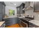 Stylish kitchen featuring gray cabinets, stainless steel appliances, and a white subway tile backsplash at 2933 Hilliard Dr, Charlotte, NC 28205
