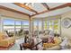 Cozy living room with exposed wood beams and picturesque lake view from the porch at 372 Northwest Dr, Davidson, NC 28036
