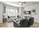 Bright living room showcasing a comfortable gray sofa, stylish decor, and large windows at 5201 Shasta St # 5201, Gastonia, NC 28052