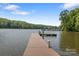 Picturesque lake view from a long wooden pier, showcasing the serene beauty of the water and surrounding trees at 7620 Porrera St, Charlotte, NC 28214
