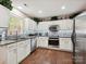 Bright kitchen features stainless steel appliances, granite counters, tile backsplash, and white cabinetry at 7923 Shiny Meadow Ln, Charlotte, NC 28215