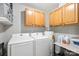 Functional laundry area with modern washer, dryer, oak cabinets and shelving at 808 Sharon Dr, Waxhaw, NC 28173