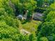 Aerial view of home featuring a pond, detached garage, firepit and private backyard at 3243 Farmcrest Ct, Fort Mill, SC 29708