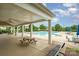 Covered lounge area beside a beautiful community pool, featuring picnic tables and benches at 4208 Carl Parmer Dr, Harrisburg, NC 28075