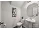 Well-lit powder room featuring modern fixtures, a pedestal sink, and decorative wall art at 507 Newfound Hollow Dr, Charlotte, NC 28214