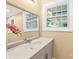Bright bathroom featuring a stylish vanity with a sleek countertop and decorative floral accents at 6012 Tuckaseegee Rd, Charlotte, NC 28208