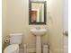 Traditional powder room with pedestal sink, decorative mirror, and toilet at 10944 Persimmon Creek Dr, Mint Hill, NC 28227