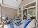 Relaxing screened porch featuring cozy furniture, blue accents, and an open view of the backyard at 11727 Dunham Dr, Matthews, NC 28105
