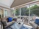 Inviting screened porch with comfortable seating, stylish rug, and view of the outdoor patio and backyard at 11727 Dunham Dr, Matthews, NC 28105