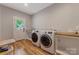 Convenient laundry room with modern washer and dryer, and folding table at 1816 Lisbon Ln, Charlotte, NC 28269