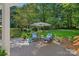 Cozy back patio with comfortable seating, an umbrella, and a tranquil backyard view at 2500 Little Cove Rd, Charlotte, NC 28270