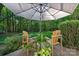 Peaceful backyard with Adirondack chairs under an umbrella on a wooden deck at 2500 Little Cove Rd, Charlotte, NC 28270