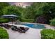 Resort-style pool area with lounge chairs, umbrellas, and lush greenery surrounding the pool at 1001 Medinah Ct, Waxhaw, NC 28173