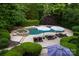 Aerial view of a backyard oasis featuring a pool, hot tub, and lounge area surrounded by greenery at 1001 Medinah Ct, Waxhaw, NC 28173
