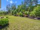 Expansive backyard with lush green lawn, mature trees, manicured landscaping, and a black metal fence at 11931 The Ramble Dr, Huntersville, NC 28078