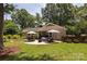 Cozy backyard patio with seating, string lights, and lush green lawn, perfect for outdoor entertaining at 1427 Worcaster Pl, Charlotte, NC 28211