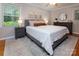 Cozy bedroom with a gray upholstered bed, neutral walls, and decorative artwork at 1427 Worcaster Pl, Charlotte, NC 28211