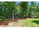 Lush backyard with mature trees, green grass, and pine straw ground cover at 16216 Woolwine Rd, Charlotte, NC 28278