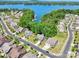 Aerial view of a neighborhood with beautiful lake access, lush greenery, and well-maintained homes at 16427 Cozy Cove Rd, Charlotte, NC 28278