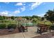 Exterior view overlooking a pond with fountain and benches with lush community landscaping at 2114 N Castle Ct, Matthews, NC 28105