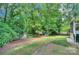 Lush backyard with mature trees and green lawn, creating a serene outdoor oasis with access to the screened in porch at 2235 Ramblewood Ln, Charlotte, NC 28210