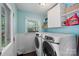Laundry room with modern washer and dryer, storage cabinets, and natural light at 301 Deer Creek Dr, Matthews, NC 28105