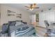 Comfortable bedroom with hardwood flooring, a ceiling fan, fun accents, and a large closet at 4147 Chelmsford Rd, Charlotte, NC 28211