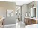 Elegant bathroom with double vanity, marble floors, and walk in shower at 503 Meadow Ridge Dr, Belmont, NC 28012