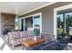 Stylish outdoor patio with modern seating, stone accents, and sliding glass doors for indoor-outdoor living at 503 Meadow Ridge Dr, Belmont, NC 28012
