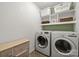 Bright laundry room with modern washer and dryer, complemented by storage shelves and cabinets at 7357 Elwood Dr, Charlotte, NC 28227