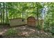 Backyard features two rustic outbuildings surrounded by mature trees at 7525 Cedarbrook Dr, Charlotte, NC 28215