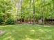 Serene backyard with swing, shed, and mature trees, creating a private and peaceful oasis at 8128 Sealey Ct, Charlotte, NC 28277