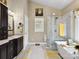 Stylish bathroom with a glass shower and a separate soaking tub at 8128 Sealey Ct, Charlotte, NC 28277