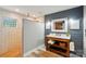 Rustic style bathroom with a wood framed vanity, shiplap wall and tiled walk-in shower at 8501 Flanagan Ct, Huntersville, NC 28078