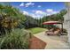 Lush backyard features a patio area with lounge chairs under an umbrella, surrounded by greenery at 8702 Aspinwall Dr, Charlotte, NC 28216
