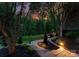 Backyard stone walkway with lighting and trees leading to seating area with fire pit in forest at 1021 Westbury Dr, Matthews, NC 28104