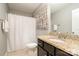 Traditional bathroom with a granite vanity, shower and tub combo, and neutral decor at 15807 Foreleigh Rd, Huntersville, NC 28078