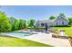 Gorgeous backyard pool with blue umbrellas and lounge chairs in a manicured outdoor space at 1780 Sierra Rd, York, SC 29745