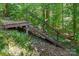 Sturdy wooden staircase leads through natural foliage, enhancing this backyard's unique outdoor charm and access at 221 Grayrock Dr, Statesville, NC 28677