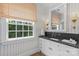 Charming bathroom with a white vanity, black marble countertop, and a large window for natural light at 2322 Hopedale Ave, Charlotte, NC 28207