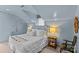 Light blue bedroom with a comfortable queen bed, white walls, carpeted floors, and unique furnishings at 2322 Hopedale Ave, Charlotte, NC 28207