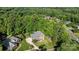 Elevated view of a brick home nestled among lush trees in a serene neighborhood at 2608 Carmarthen Ct, Matthews, NC 28104