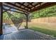 An outdoor covered patio with view to the green, fenced backyard at 6808 Squirrels Foot Ct, Charlotte, NC 28217