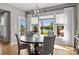 Cozy breakfast nook features a modern chandelier and a picturesque view of the lake at 10517 Sable Cap Rd, Mint Hill, NC 28227