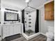 Bathroom with a black framed shower curtain at 208 Wellington Dr, Lincolnton, NC 28092