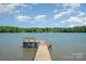 Lake view featuring a wooden dock extending into the water with a bench, against a backdrop of a clear blue sky at 4960 Longfield St, Claremont, NC 28610