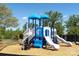 Community playground featuring a blue and white play structure with slides and climbing features at 566 Mountain View Dr, Monroe, NC 28110