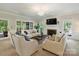 Spacious living room with a fireplace, large windows, and comfortable seating arrangement at 5917 Summerston Pl, Charlotte, NC 28277