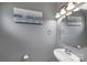 Cozy bathroom with decorative mirror and art, featuring gray walls and a sink at 8259 Carob Tree Ln, Charlotte, NC 28215