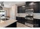 Stylish kitchen boasts dark cabinetry, quartz countertops, and stainless steel appliances at 10436 Dalton Woods Nw Ct, Huntersville, NC 28078